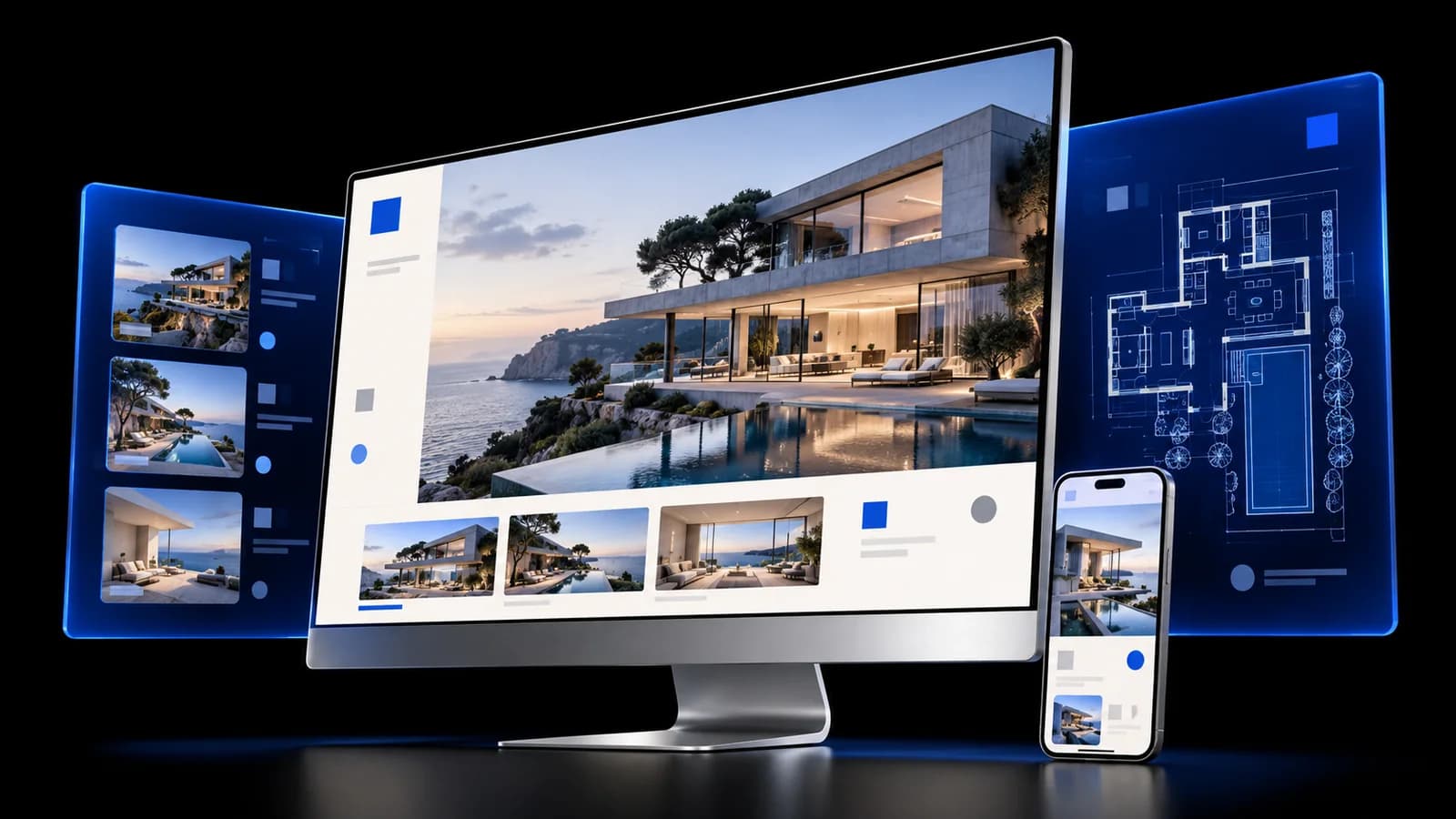 Architectural composition of blue digital interface panels and polished glass forms