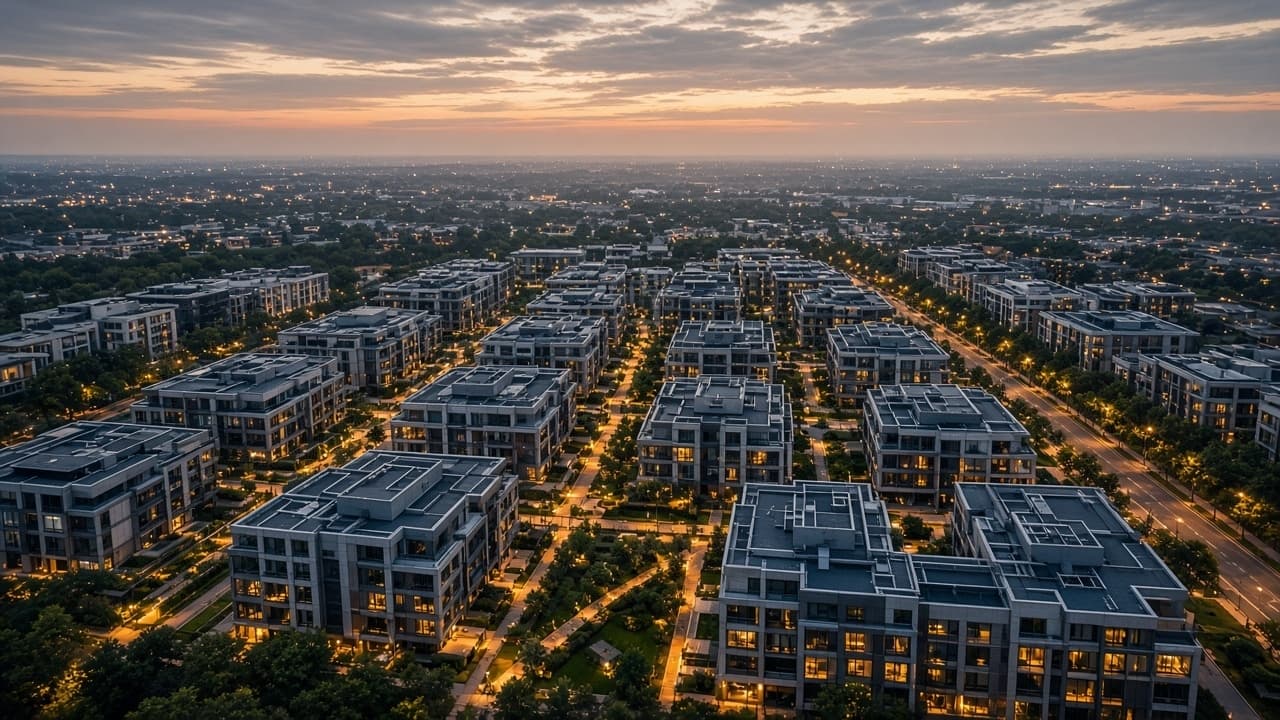 Aerial view of an illuminated real estate development at dusk