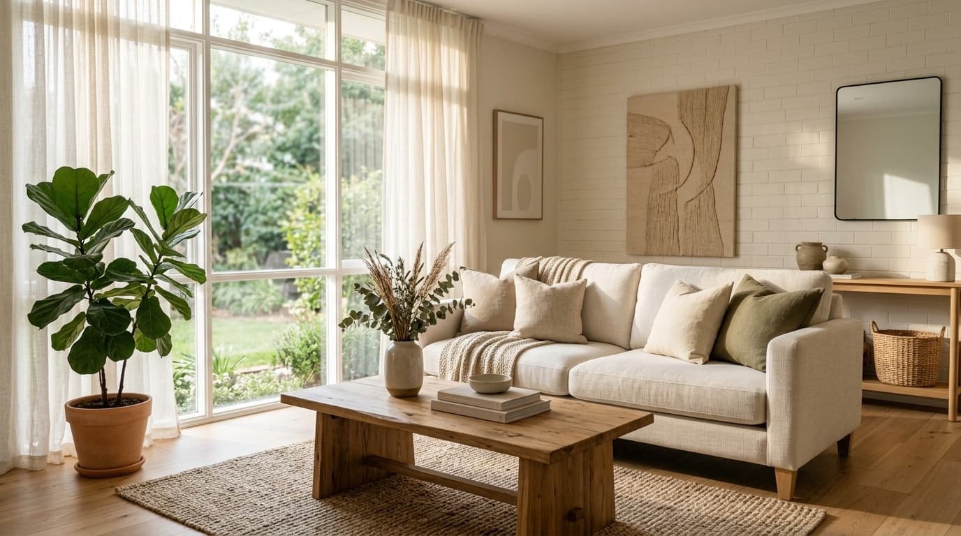 Sunlit architectural living space with natural textures and a landscaped courtyard