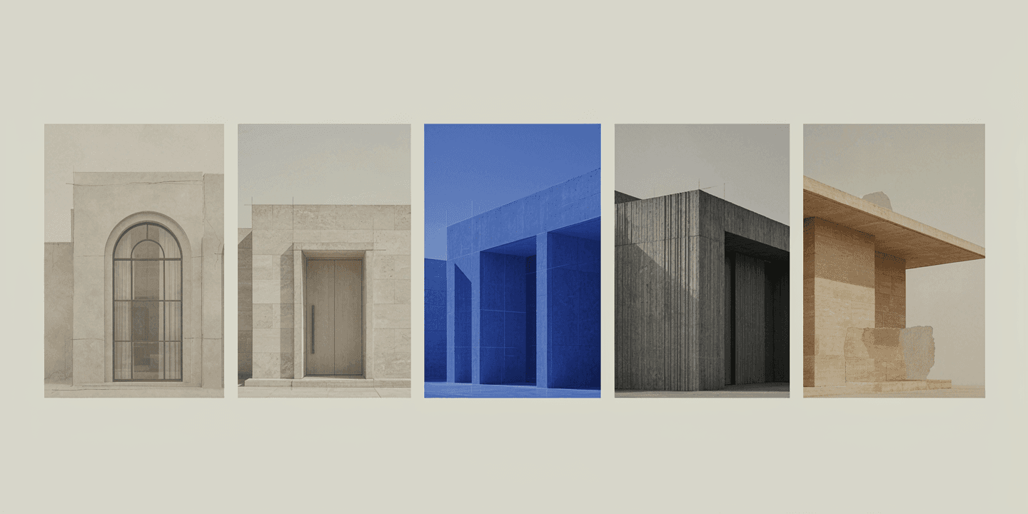 Elevation study contrasting standard facades with Gameel standout cobalt architecture