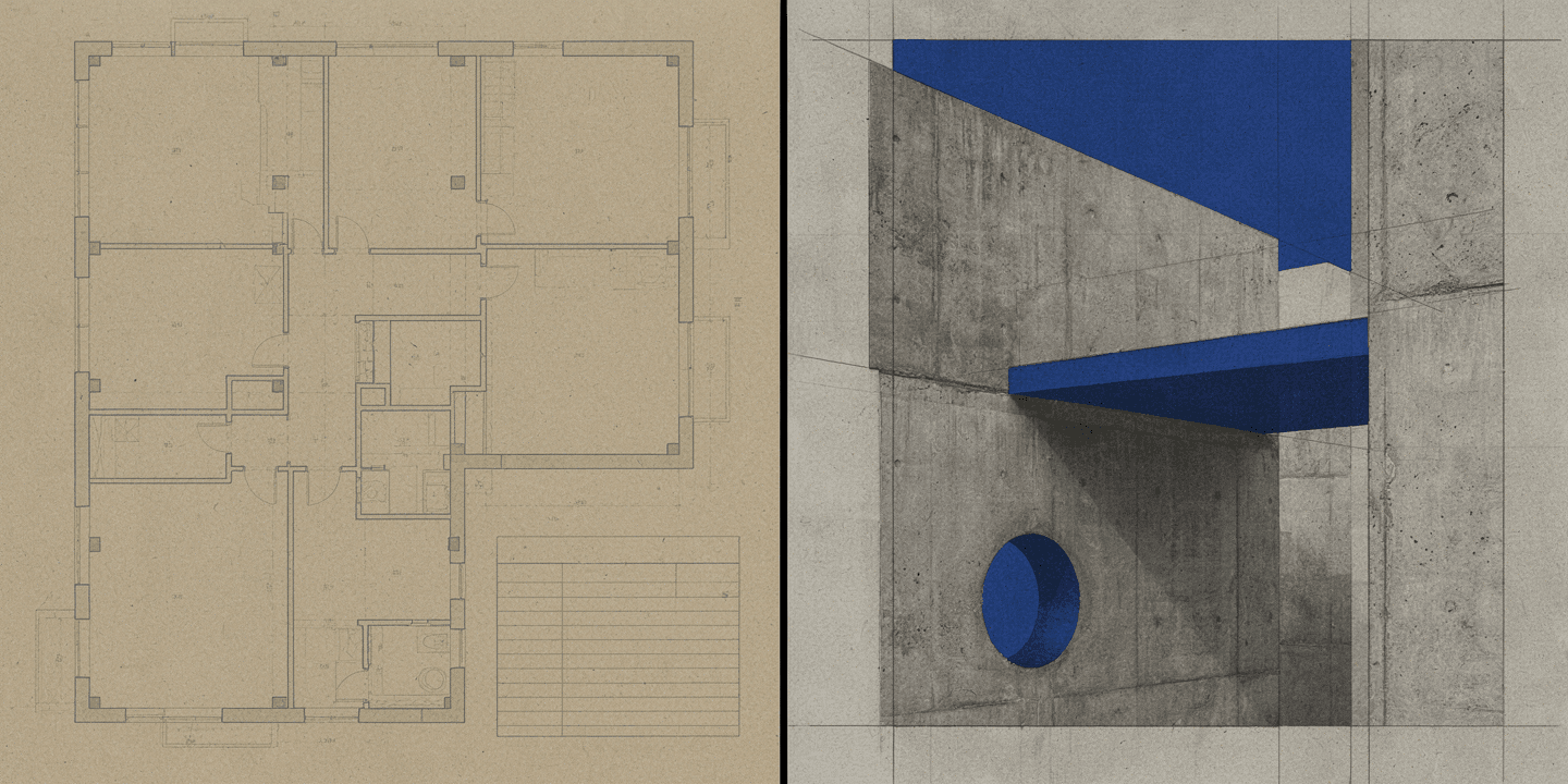 Architectural plan blueprint meeting concrete volume