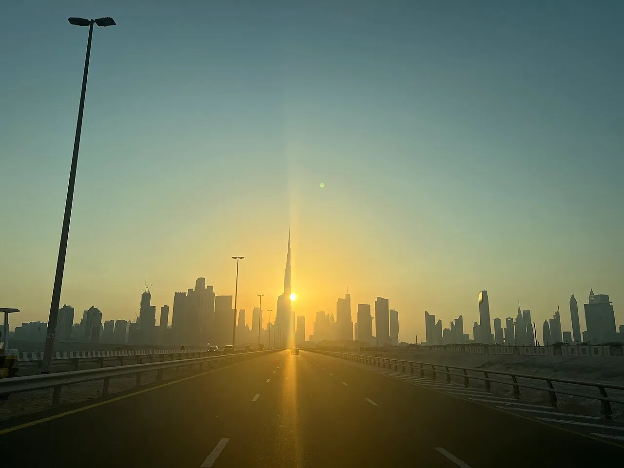 The Burj Khalifa at sunset, seen from below