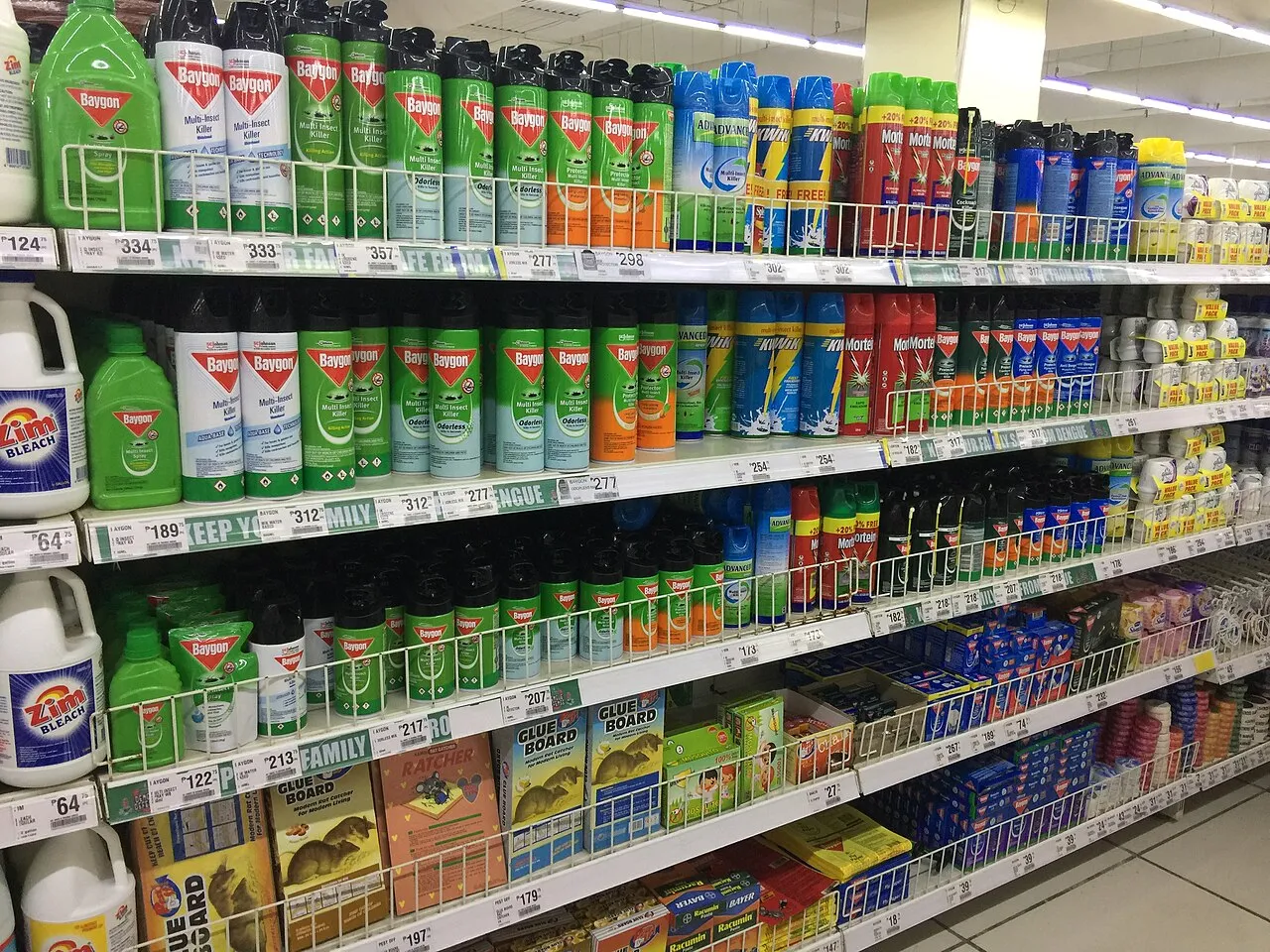 Household insecticide products arranged on store shelves